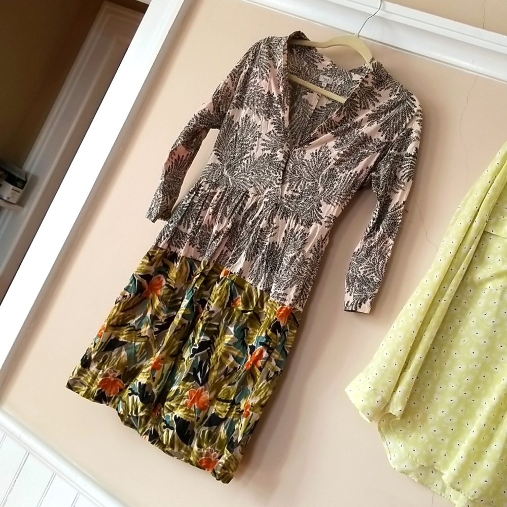 ANTHRO Hoss Intropia mixed floral fern Dress Drop Waist Dress w pockets!  M